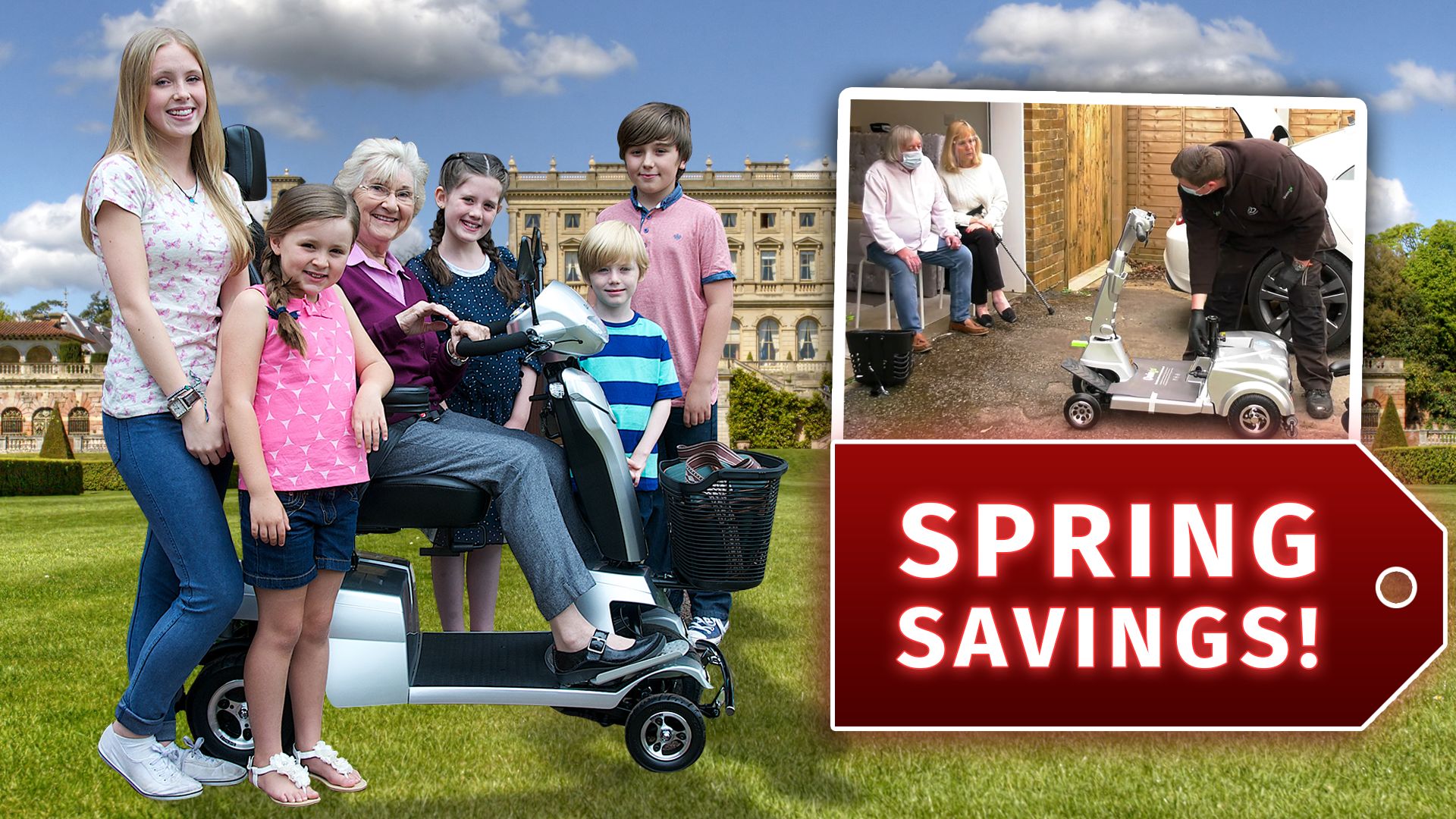 A family with a scooter and a scooter demonstration above an arrow that says spring savings